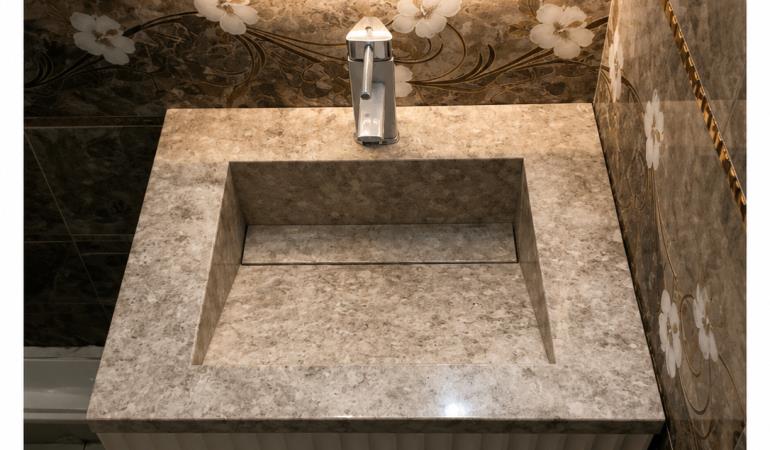پروژه روشویی سنگ طبیعی سفارشی | اجرای روشویی و کانتر سرویس بهداشتی در تهران | Tesoro Stone